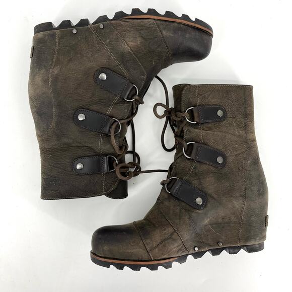 Sorel Women’s 9.5 Brown Leather Joan of Arctic Wedge Heel Lace up Ankle boots - Picture 4 of 8